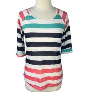 Timing TShirt Womens Medium Blue Pink Striped Lightweight 3/4 Sleeves